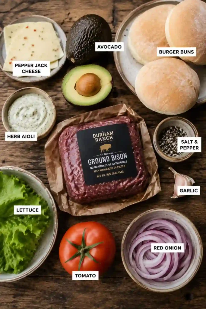 Homemade grilled Avocado Pepper Jack Bison Burger served on a soft artisan bun with fresh toppings and creamy avocado. A delicious high-protein burger recipe that's simple to prepare.