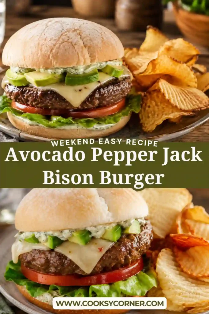 Close-up of a homemade Avocado Pepper Jack Bison Burger featuring lean grilled bison, ripe avocado, fresh vegetables, and melted cheese on a toasted bun. An easy gourmet burger recipe for weeknight dinners.