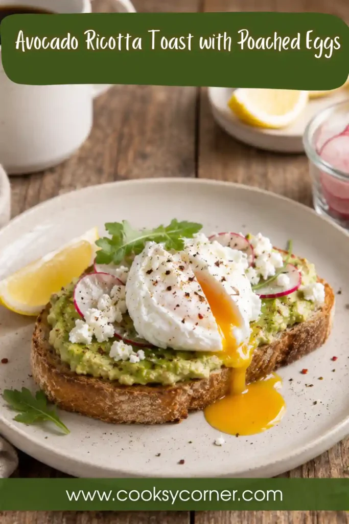 Golden toasted Italian bread layered with avocado, ricotta cheese, and a perfectly poached egg. Fresh greens and lemon complete this delicious high protein breakfast.