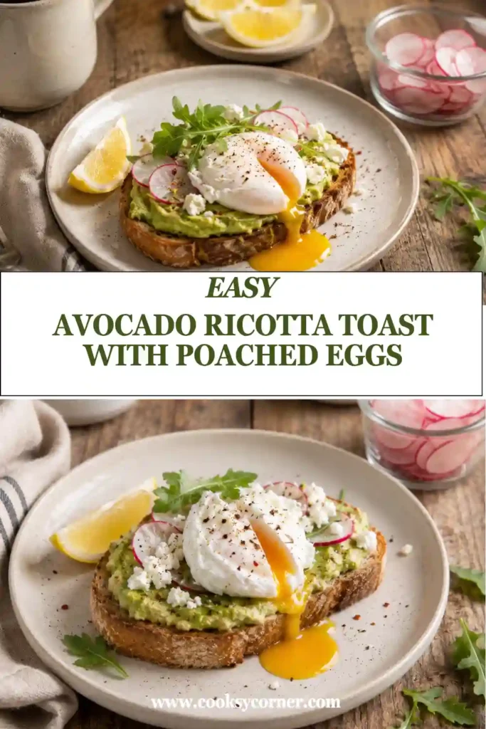 Creamy ricotta avocado toast served with a soft poached egg, crisp radishes, and fresh spring mix. This easy breakfast recipe is bright, fresh, and packed with wholesome ingredients.