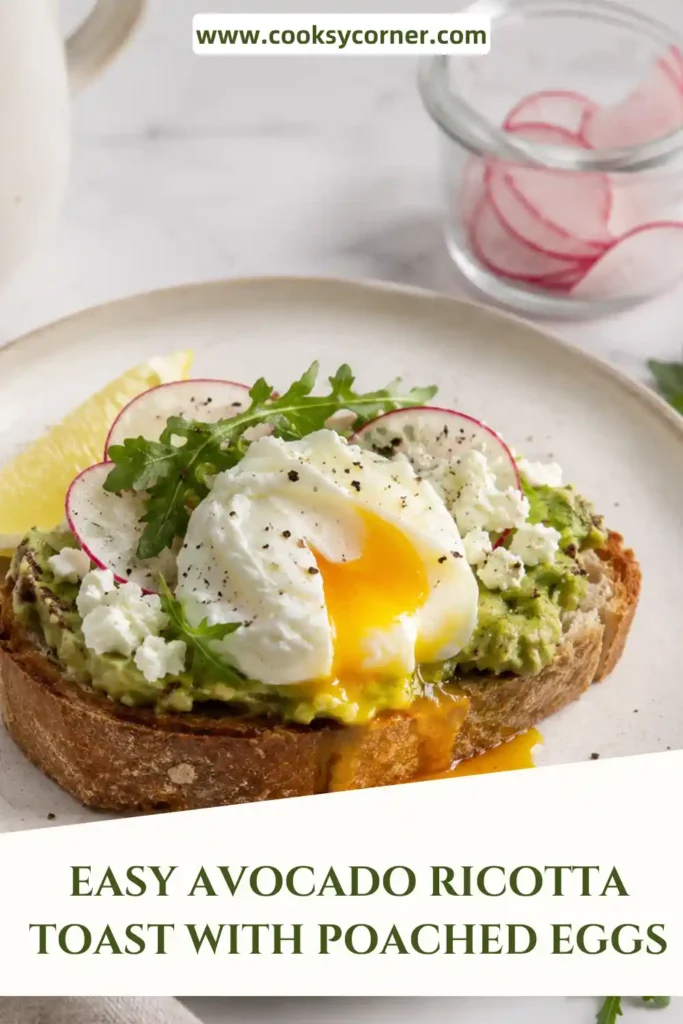 A slice of Avocado Ricotta Toast with Poached Eggs topped with fresh radishes and spring greens on toasted Italian bread. The creamy avocado and perfectly poached egg make this healthy breakfast both colorful and satisfying.