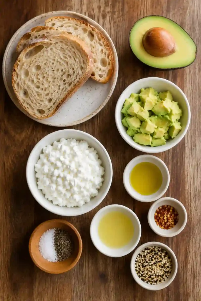 Two slices of Avocado and Cottage Cheese Toast garnished with seasoning and hot sauce. An easy, nutritious breakfast with creamy texture.