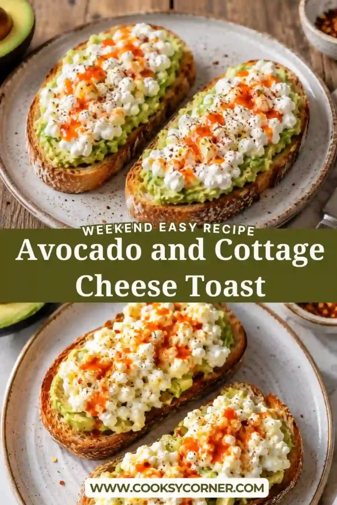 Close-up of homemade Avocado and Cottage Cheese Toast served on crispy sourdough bread with hot sauce and black pepper. A quick healthy breakfast idea.