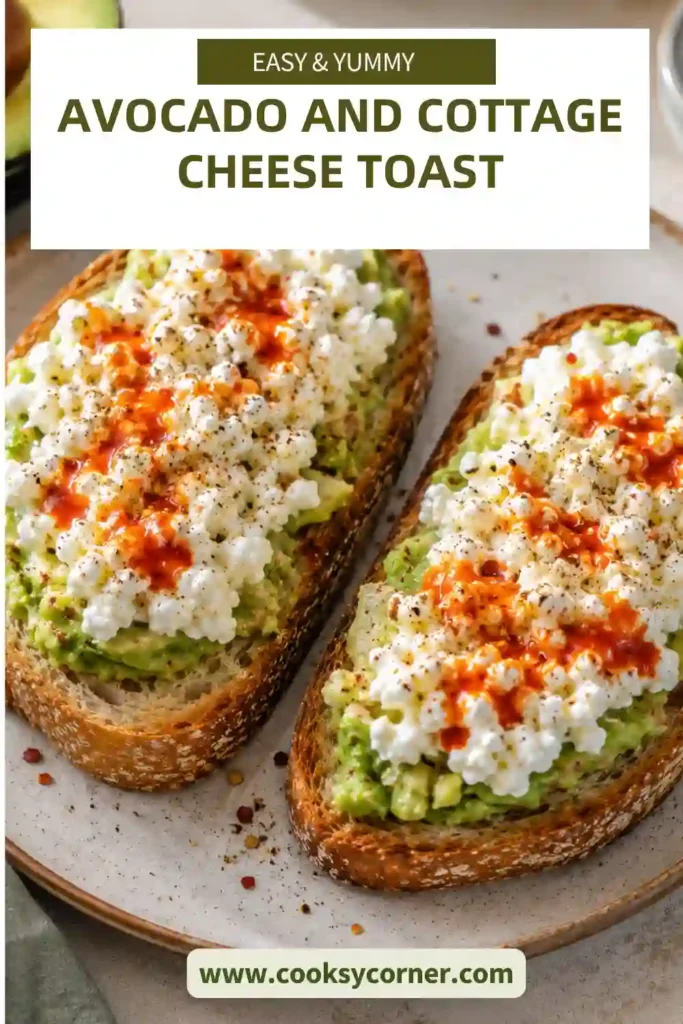 Creamy avocado and cottage cheese toast topped with chopped hard-boiled eggs on toasted sourdough. This high-protein breakfast is fresh, colorful, and satisfying.