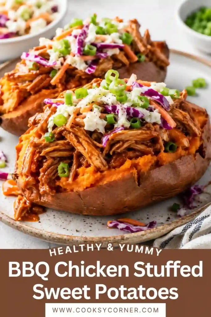 Freshly baked BBQ Chicken Stuffed Sweet Potatoes topped with crunchy coleslaw and sliced green onions. The combination of smoky chicken and naturally sweet potatoes creates a comforting meal.