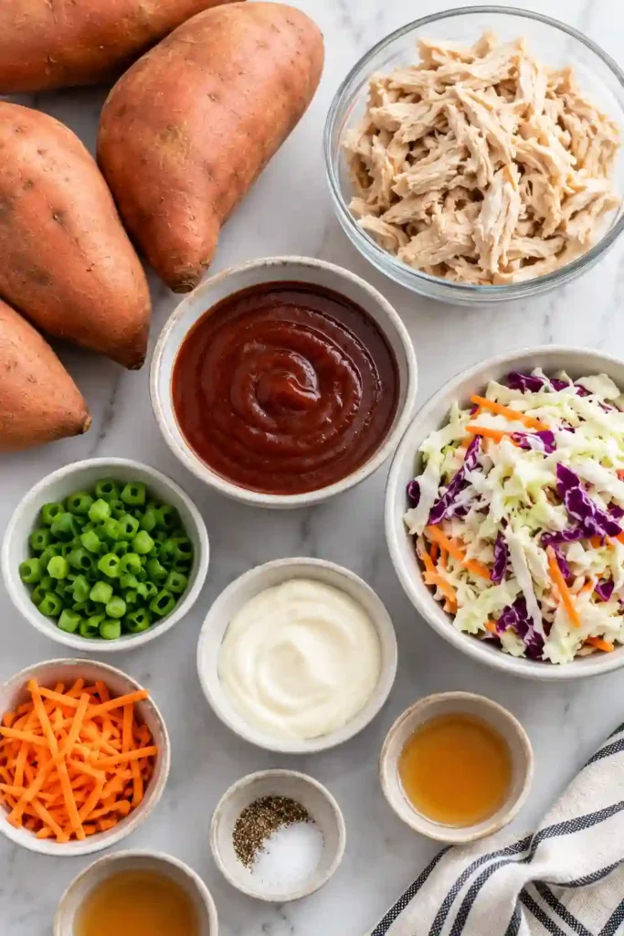 A close-up of BBQ Chicken Stuffed Sweet Potatoes garnished with green onions and fresh coleslaw. The vibrant colors make this wholesome dinner visually appealing and delicious.