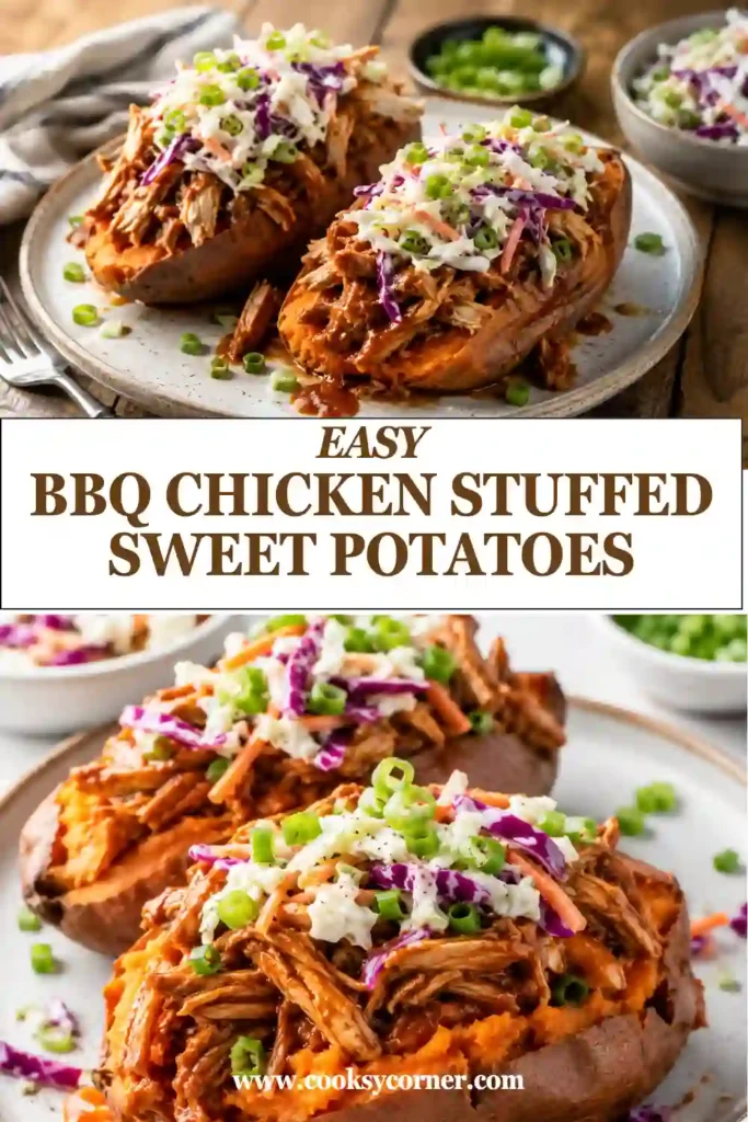 A baked sweet potato filled with tender shredded BBQ chicken and topped with creamy homemade coleslaw. This hearty family dinner is colorful, satisfying, and perfect for weeknight meals.