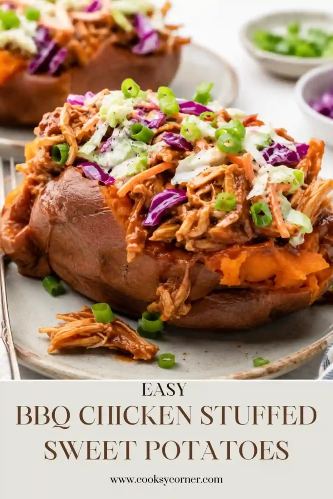 Slow cooker pulled BBQ chicken stuffed into fluffy roasted sweet potatoes with creamy coleslaw. This easy dinner recipe offers a balance of sweet, smoky, and tangy flavors.