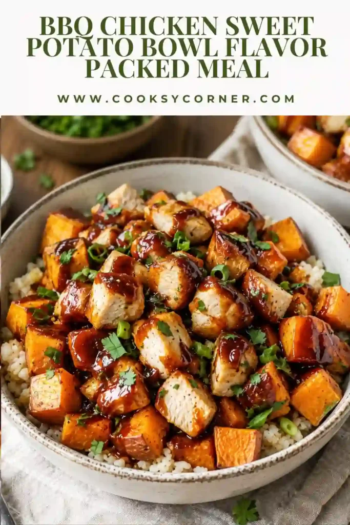 Fresh sweet potato chicken bowl topped with smoky BBQ chicken, creamy avocado, roasted vegetables, and vibrant herbs. This easy dinner is packed with flavor and nutritious ingredients.