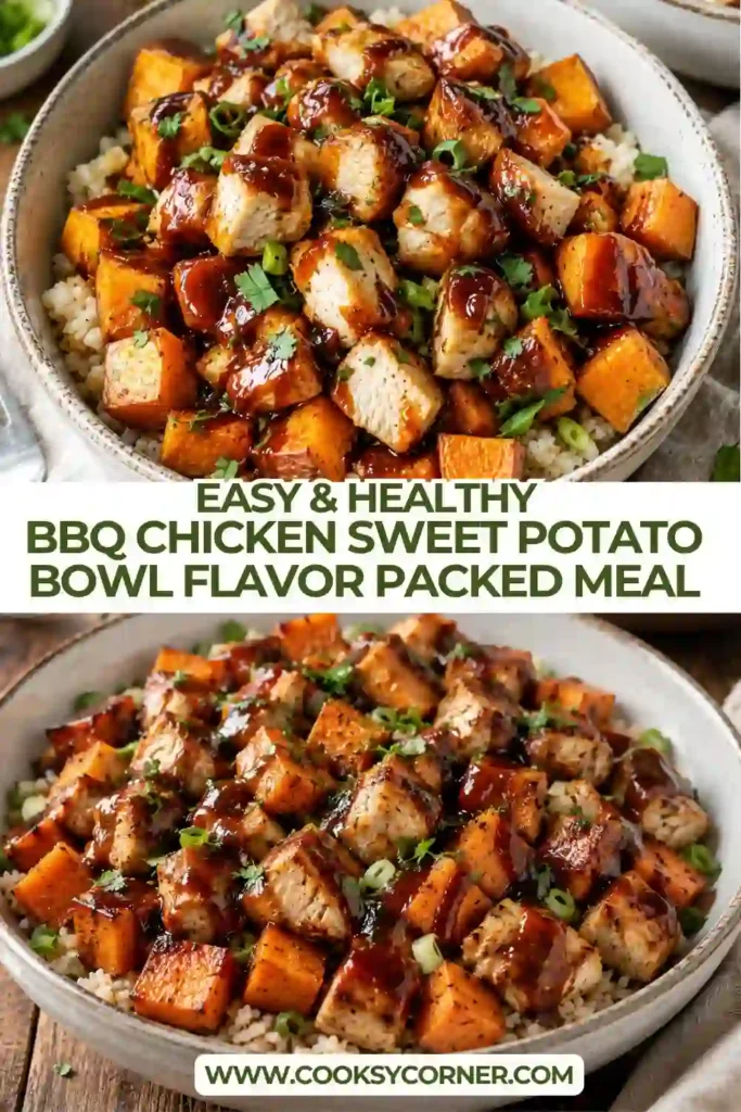 Healthy BBQ chicken served over roasted sweet potatoes with avocado, black beans, corn, cheese, and green onions. A wholesome meal that's ideal for busy weeknight dinners.