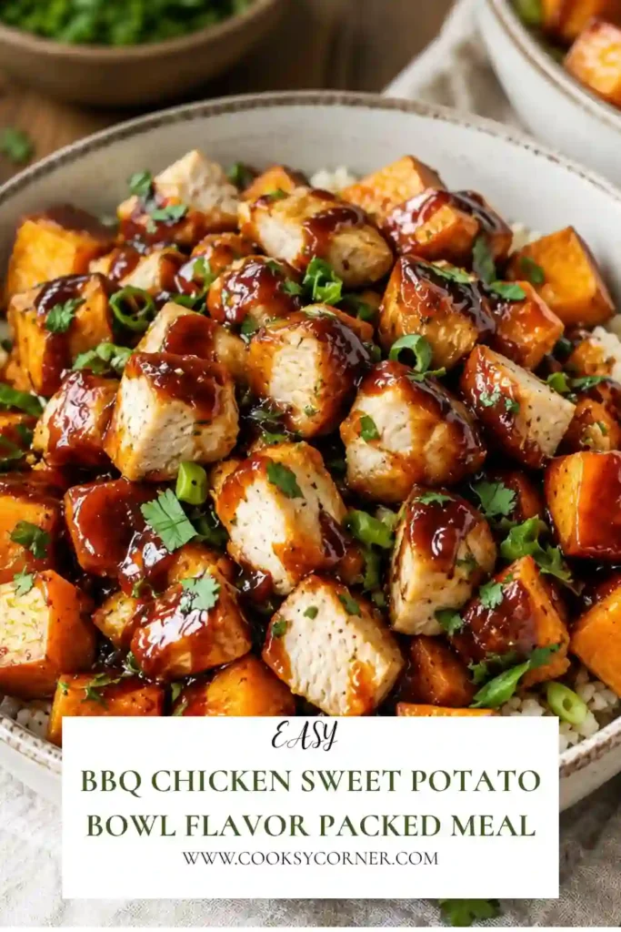 A BBQ Chicken Sweet Potato Bowl filled with juicy BBQ chicken, roasted sweet potatoes, avocado, corn, black beans, and fresh cilantro. This colorful high-protein dinner is healthy, filling, and perfect for meal prep.