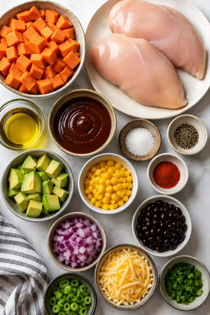 A vibrant meal prep chicken bowl featuring roasted sweet potatoes, tender BBQ chicken, fresh vegetables, and flavorful toppings. Perfect for healthy lunches and family dinners.