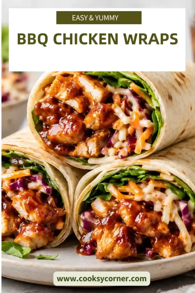 Homemade BBQ Chicken Wraps served fresh with barbecue chicken strips, crisp vegetables, and creamy coleslaw. A colorful and flavorful quick meal.