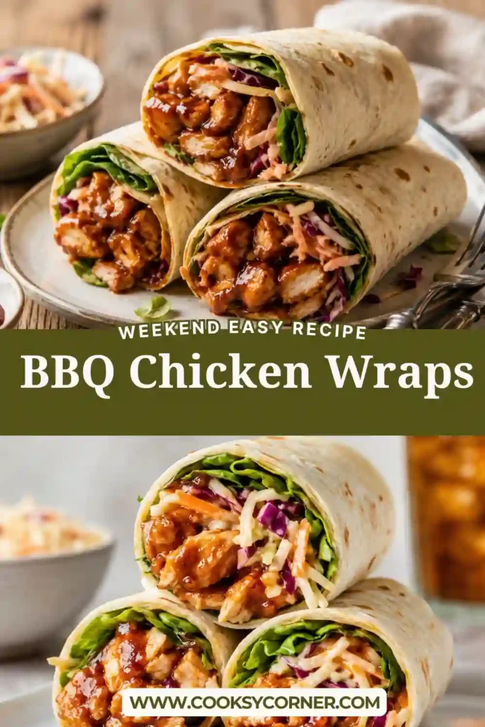 Close-up of sliced BBQ Chicken Wraps showing tender smoky chicken, crunchy cabbage slaw, and fresh greens inside a warm tortilla. Perfect for lunch or dinner.