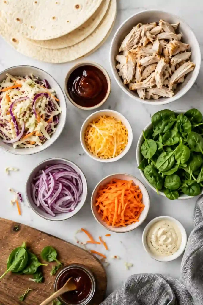 Soft tortilla wraps stuffed with smoky BBQ chicken, crunchy coleslaw, and spinach on a serving plate. An easy family-friendly chicken wrap recipe.