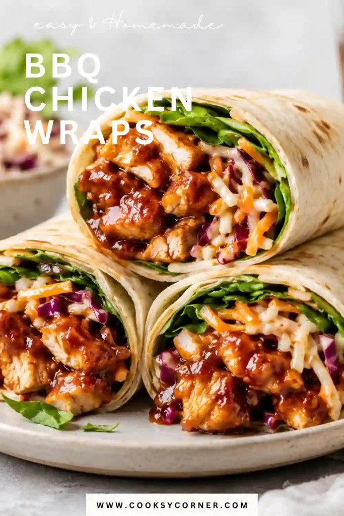 Fresh BBQ Chicken Wraps filled with juicy barbecue chicken, creamy coleslaw, and fresh spinach wrapped in soft flour tortillas. This easy homemade chicken wrap recipe makes a satisfying family meal.