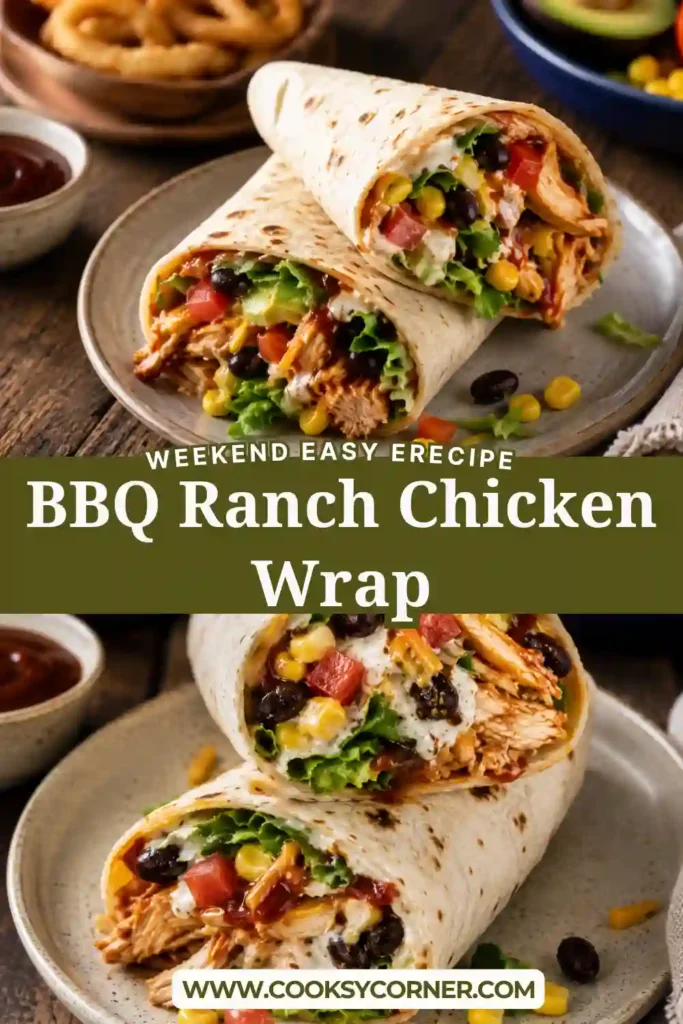 A sliced BBQ chicken wrap showing layers of chicken, cheese, lettuce, tomatoes, avocado, corn, and black beans wrapped in a flour tortilla. This easy lunch is hearty and flavorful.