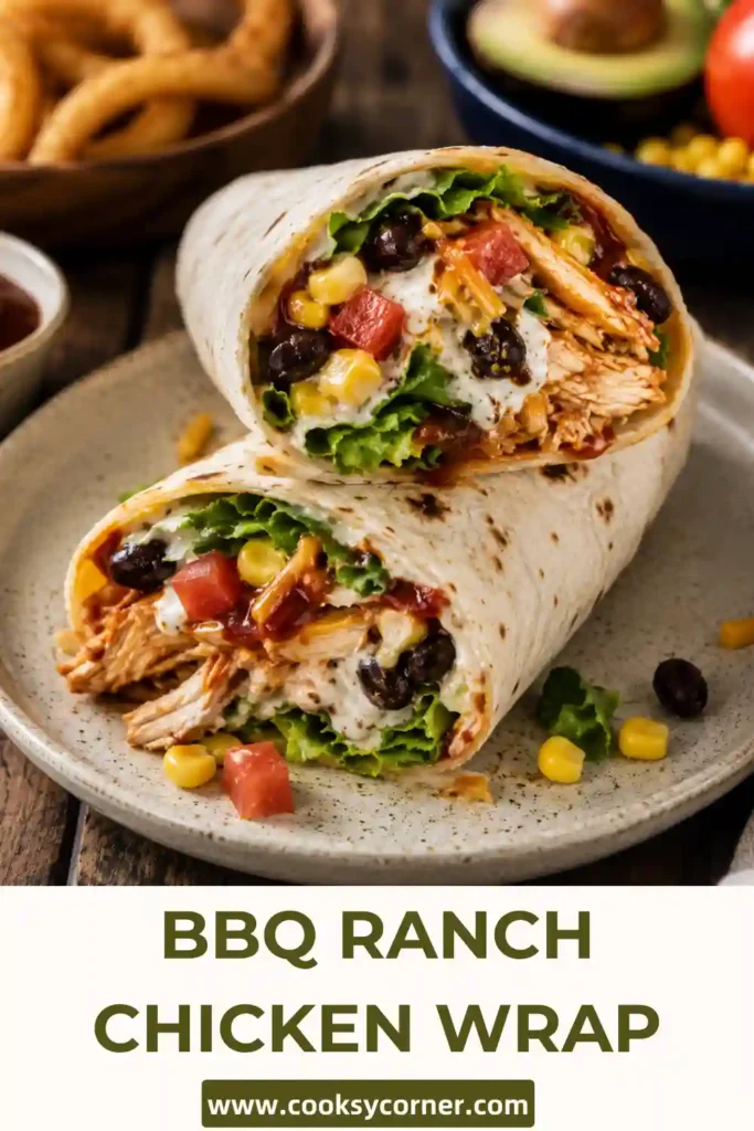 A BBQ Ranch Chicken Wrap filled with shredded chicken, lettuce, tomatoes, avocado, black beans, grilled corn, shredded cheese, and onion strings. This easy wrap is fresh, colorful, and perfect for lunch.