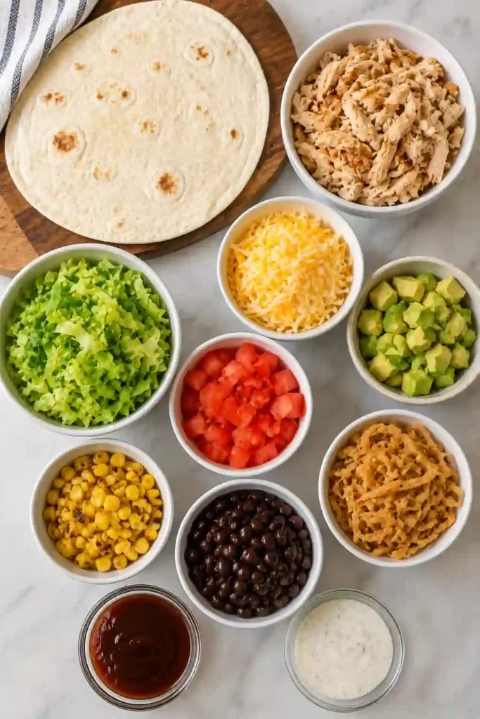 A close-up of a BBQ Ranch Chicken Wrap filled with colorful vegetables, shredded cheese, black beans, grilled corn, and shredded chicken. This easy wrap recipe is fresh and family-friendly.