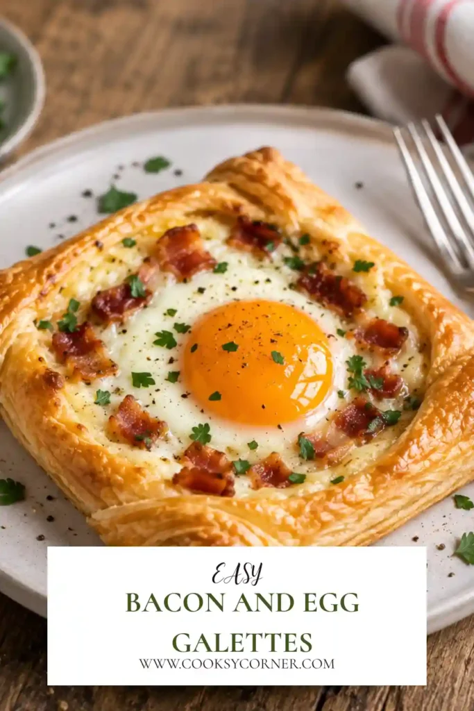 Homemade Bacon and Egg Galettes served warm on a rustic plate with flaky pastry and baked eggs. Ideal for breakfast, brunch, or entertaining.