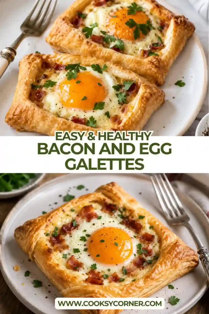 Close-up of crispy Bacon and Egg Galettes topped with baked eggs and fresh parsley. The flaky pastry creates a delicious homemade breakfast.