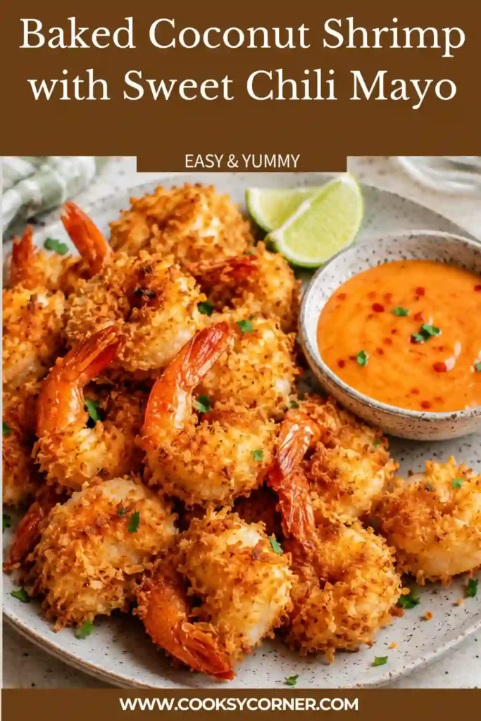 Close-up of crispy baked coconut shrimp served with homemade sweet chili mayo. The crunchy coating and juicy shrimp make this an easy seafood appetizer.