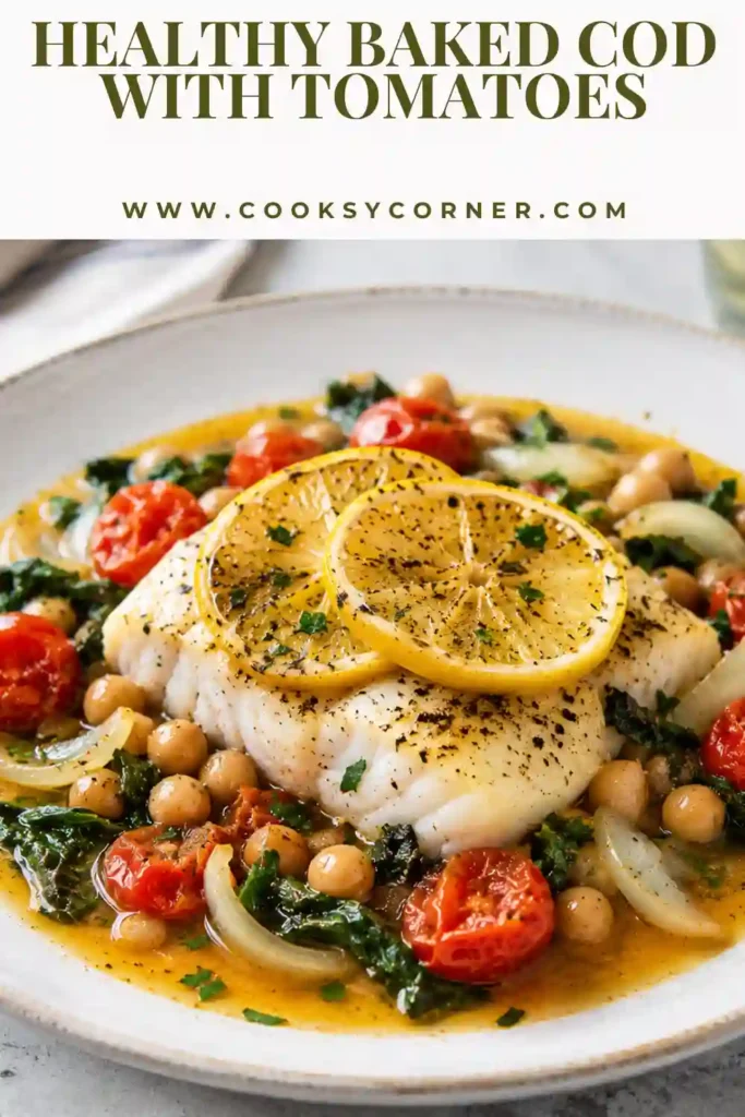 Golden baked cod topped with lemon slices and surrounded by spinach, tomatoes, and chickpeas. The meal is fresh, colorful, and protein-rich.