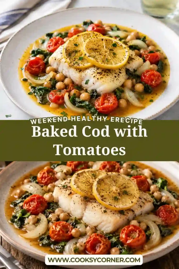 Fresh baked cod with juicy cherry tomatoes, spinach, olives, and chickpeas served in a rustic casserole dish. The dish highlights colorful Mediterranean ingredients.