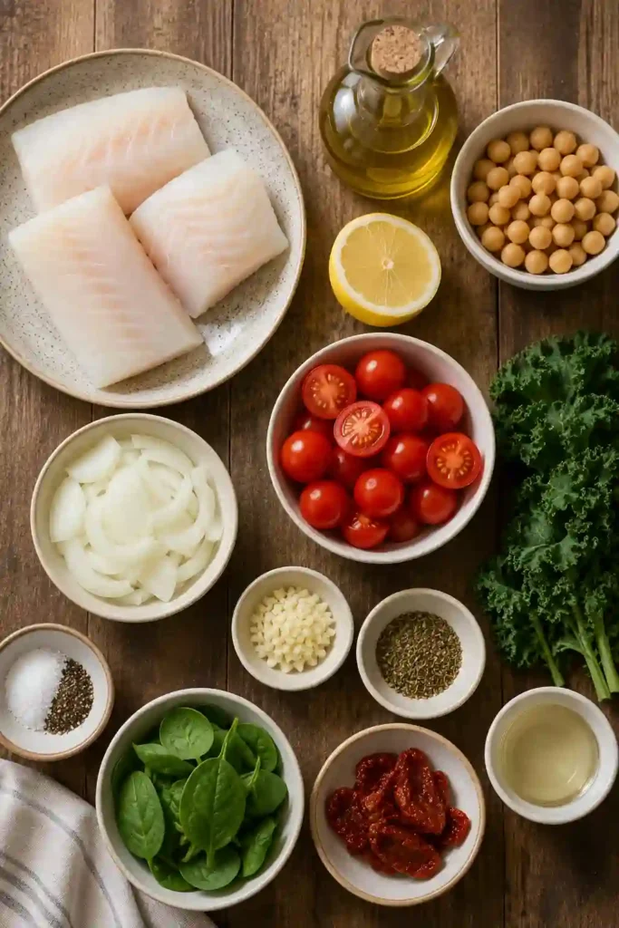 Mediterranean baked cod served with roasted tomatoes, chickpeas, olives, spinach, and fresh lemon wedges on a white serving platter. The dish looks fresh and wholesome.