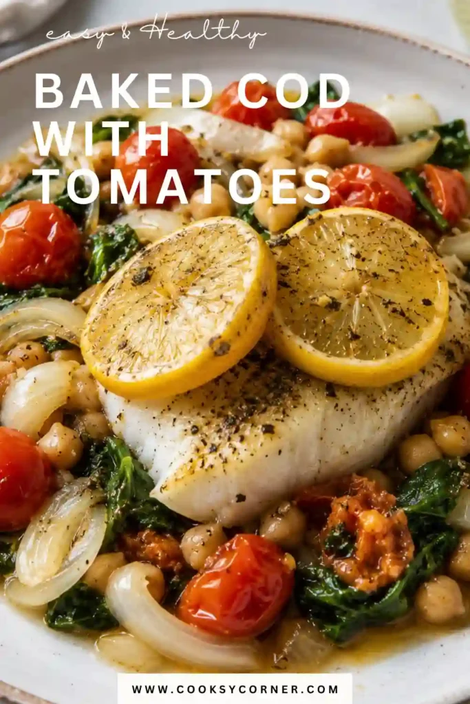 A flaky baked cod fillet sits on a bed of roasted tomatoes, spinach, chickpeas, and lemon slices in a Mediterranean-style baking dish. The colorful vegetables create a healthy and inviting seafood dinner.