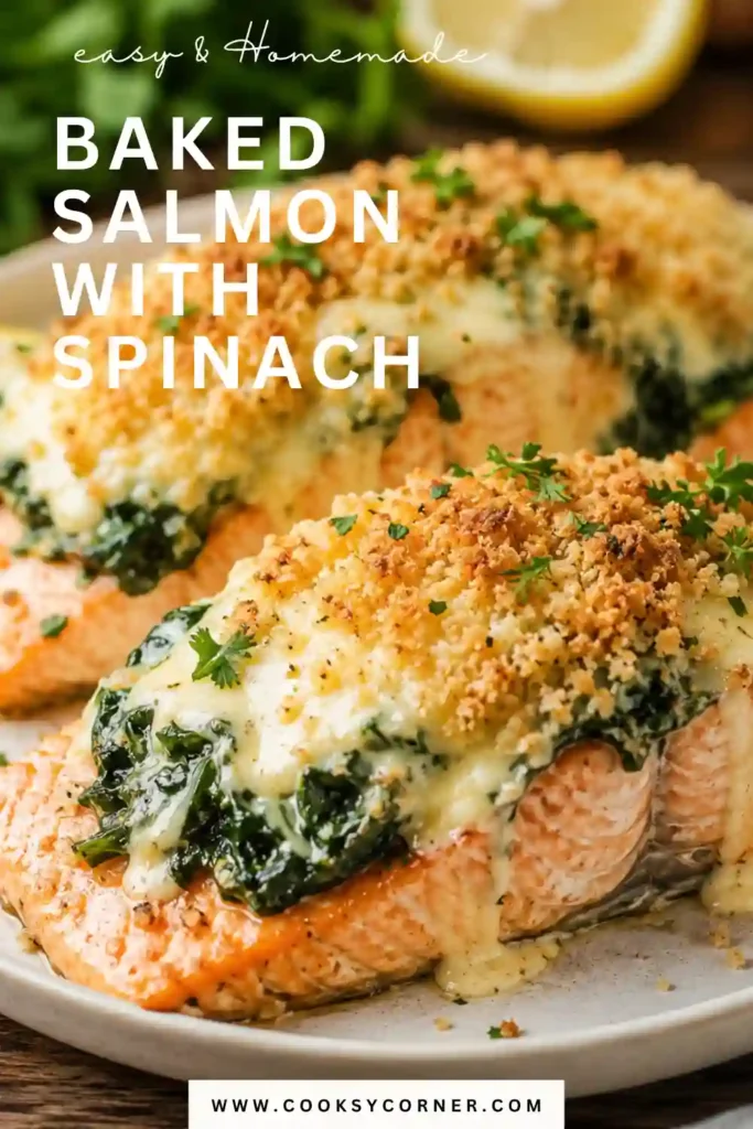 A close-up of baked salmon with spinach shows flaky salmon topped with melted Parmesan and fresh herbs. This low carb salmon recipe is simple and satisfying.