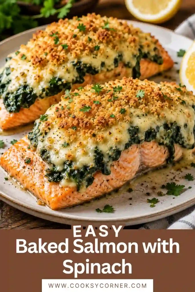 Golden baked salmon served over wilted spinach with lemon slices creates an elegant and healthy salmon dinner recipe. Perfect for quick weeknight meals.
