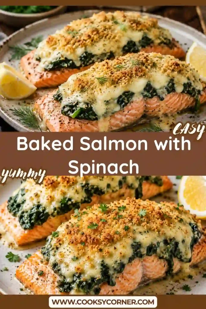 Freshly baked salmon fillets are topped with sautéed spinach, Parmesan cheese, and fresh lemon. This healthy baked salmon with spinach recipe creates a colorful and delicious family dinner.