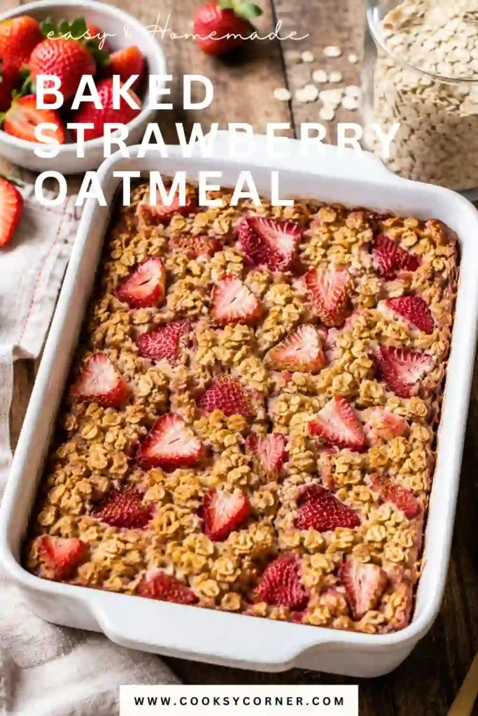 Healthy Baked Strawberry Oatmeal sliced into portions and served in a bowl. A wholesome breakfast recipe featuring oats, strawberries, and oat milk.