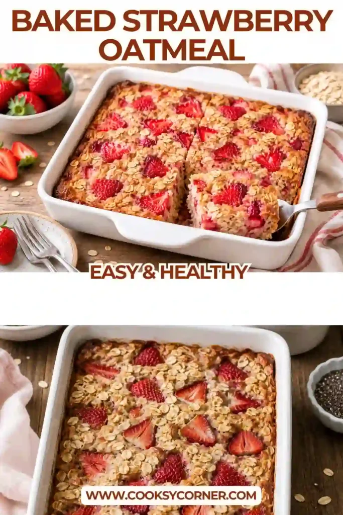 A baking dish filled with homemade Baked Strawberry Oatmeal topped with fresh strawberries. This vegan baked oatmeal is perfect for an easy breakfast or brunch.