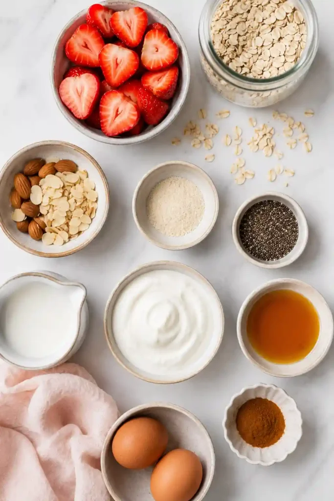 Close-up of homemade Baked Strawberry Oatmeal with fresh strawberries and rolled oats baked until golden. A healthy strawberry oat bake for breakfast.