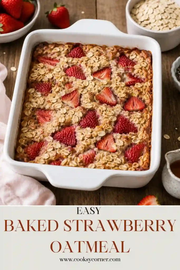 Freshly baked Baked Strawberry Oatmeal served warm with juicy strawberries on top. This healthy baked oatmeal is made with rolled oats, oat milk, and maple syrup for a nourishing breakfast.