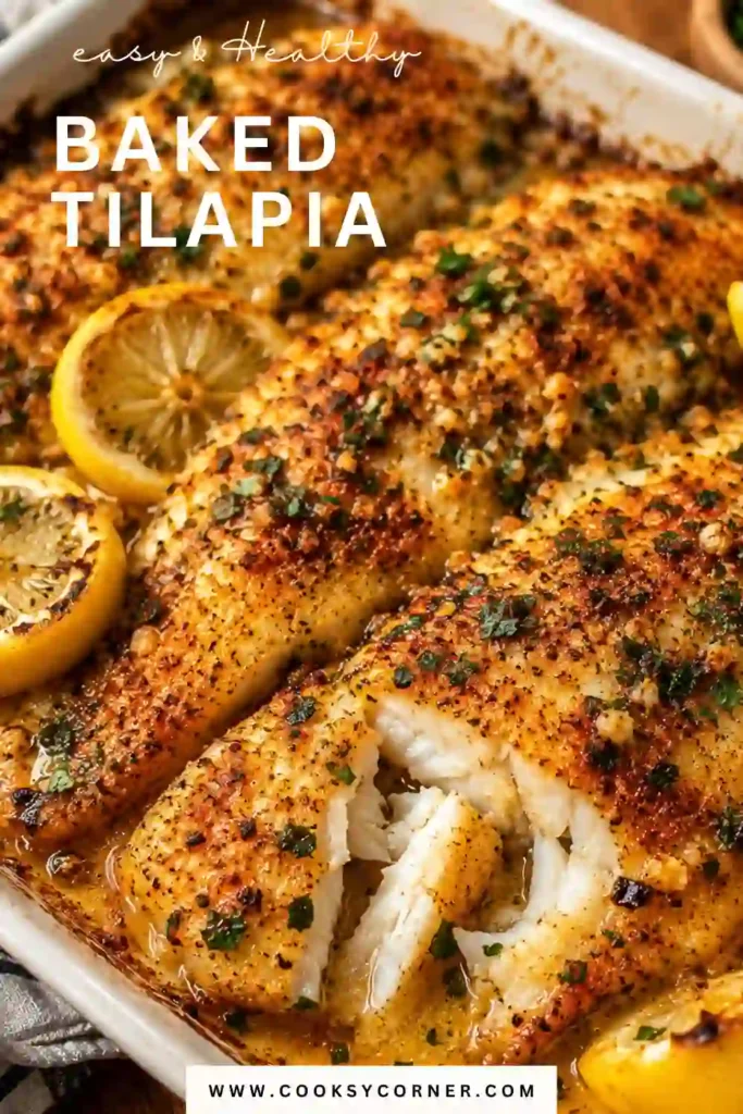 Close-up of flaky Baked Tilapia with melted Parmesan and fresh herbs in a baking dish. A healthy, quick, and flavorful weeknight seafood recipe.
