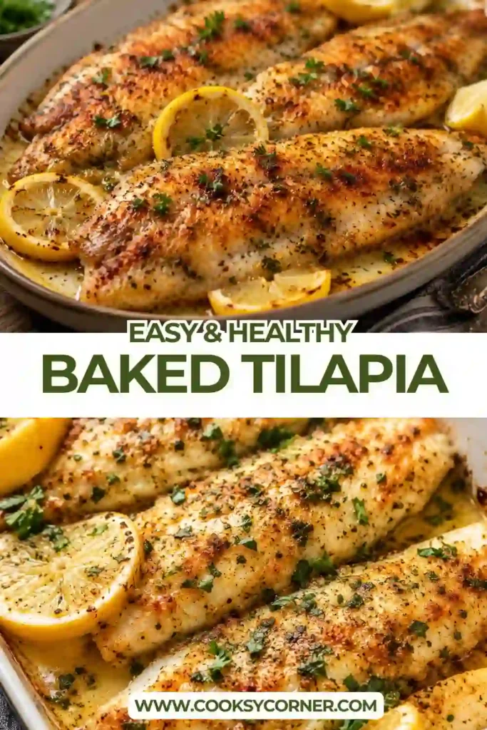 Golden oven baked tilapia served with fresh lemon slices and parsley garnish. This easy seafood dinner features garlic, Parmesan, and bright citrus flavor.