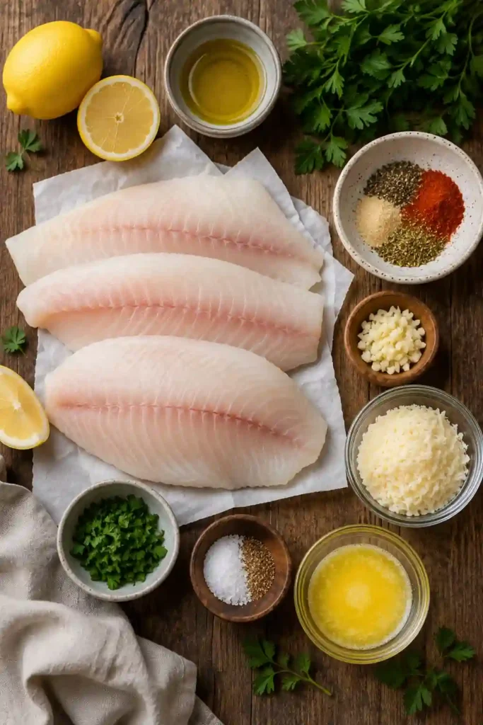 Homemade Baked Tilapia seasoned with garlic, lemon juice, and Parmesan cheese before serving. A light and satisfying baked fish recipe for the whole family.