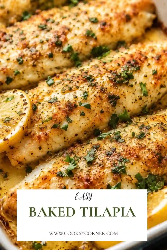 Freshly baked Baked Tilapia fillets topped with melted Parmesan cheese, chopped parsley, and lemon wedges. The fish is tender, flaky, and baked until perfectly golden.