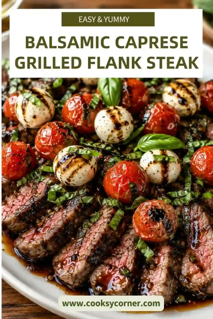 Freshly grilled flank steak sliced against the grain and topped with a vibrant Caprese salad. Balsamic glaze adds a rich finishing touch to this flavorful meal.