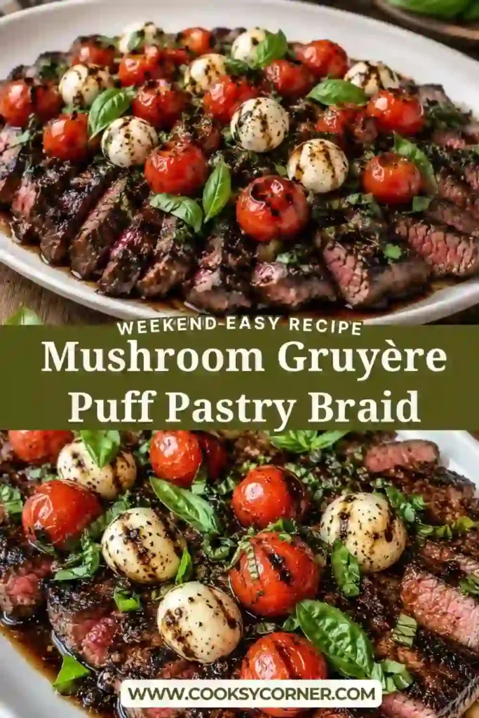Tender grilled flank steak served with creamy mozzarella, ripe cherry tomatoes, basil leaves, and sweet balsamic glaze. This colorful caprese steak recipe is fresh and satisfying.