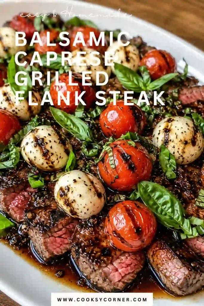 A sliced Balsamic Caprese Grilled Flank Steak topped with cherry tomatoes, fresh mozzarella, basil, and balsamic glaze. The juicy grilled steak is beautifully arranged for an easy summer dinner.