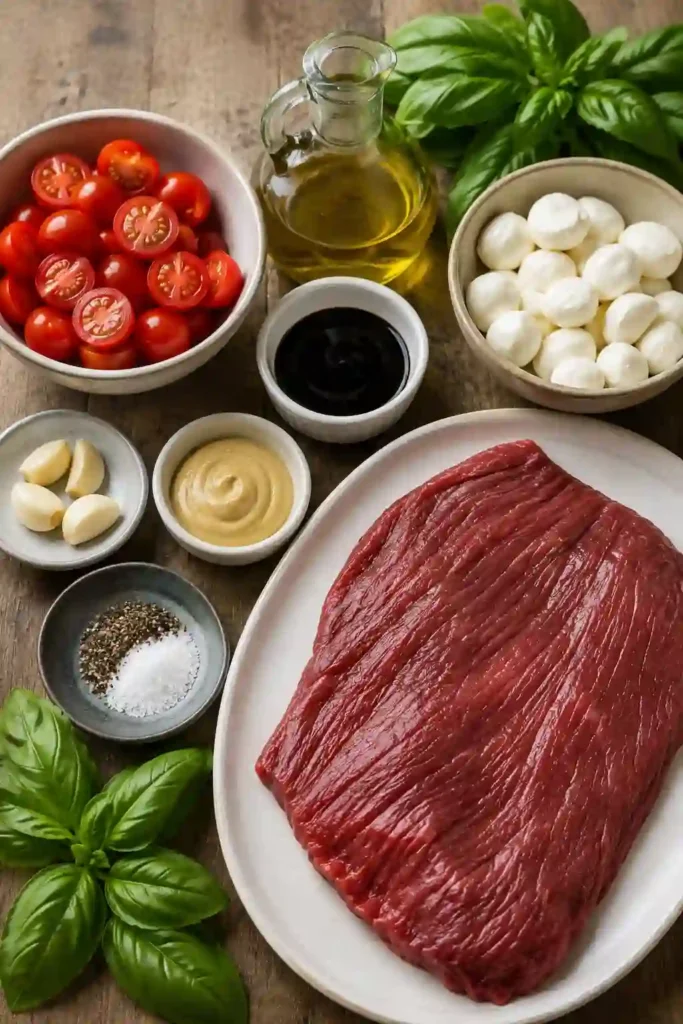A beautifully plated grilled flank steak recipe featuring mozzarella, tomatoes, basil, and balsamic glaze. Perfect for family dinners or backyard barbecues.
