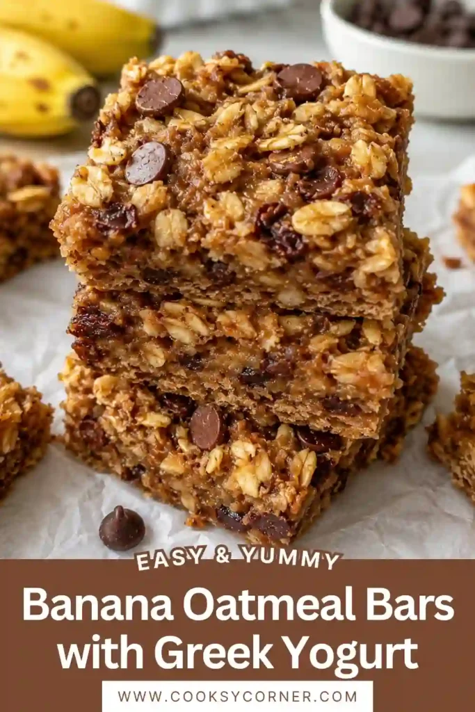 Golden baked oatmeal bars made with Greek yogurt, ripe bananas, rolled oats, and peanut butter. Their moist texture and rich chocolate chips create an irresistible healthy treat.
