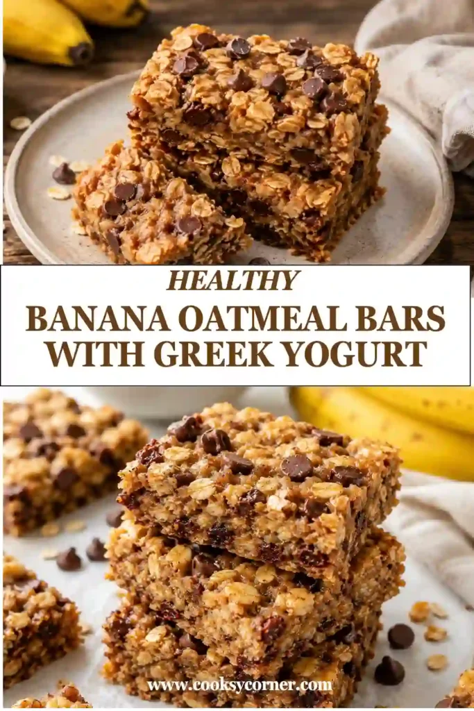 A stack of Banana Oatmeal Bars with Greek Yogurt served on a white plate with visible oats and chocolate chips. These no sugar oatmeal bars make a wholesome breakfast or snack.