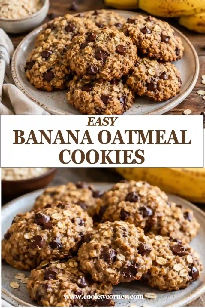 Freshly baked Banana Oatmeal Cookies with chocolate chips cooling on a wire rack. The cookies have a chewy texture and golden brown bottoms.