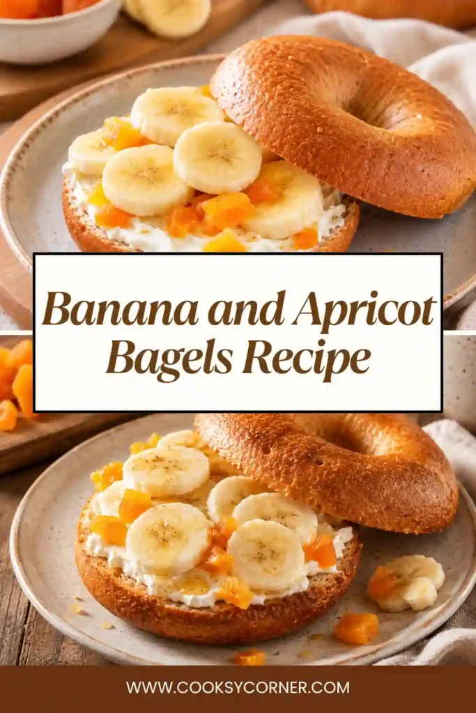 Toasted wholemeal bagels topped with low-fat soft cheese, chopped dried apricots, and fresh banana slices served on a wooden board.