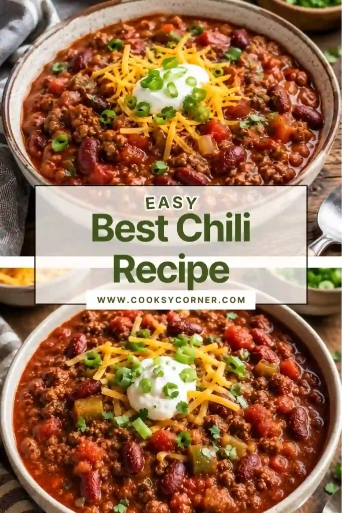Easy homemade ground beef chili simmered with kidney beans, tomatoes, and flavorful spices. Served warm with classic toppings for a comforting family dinner.